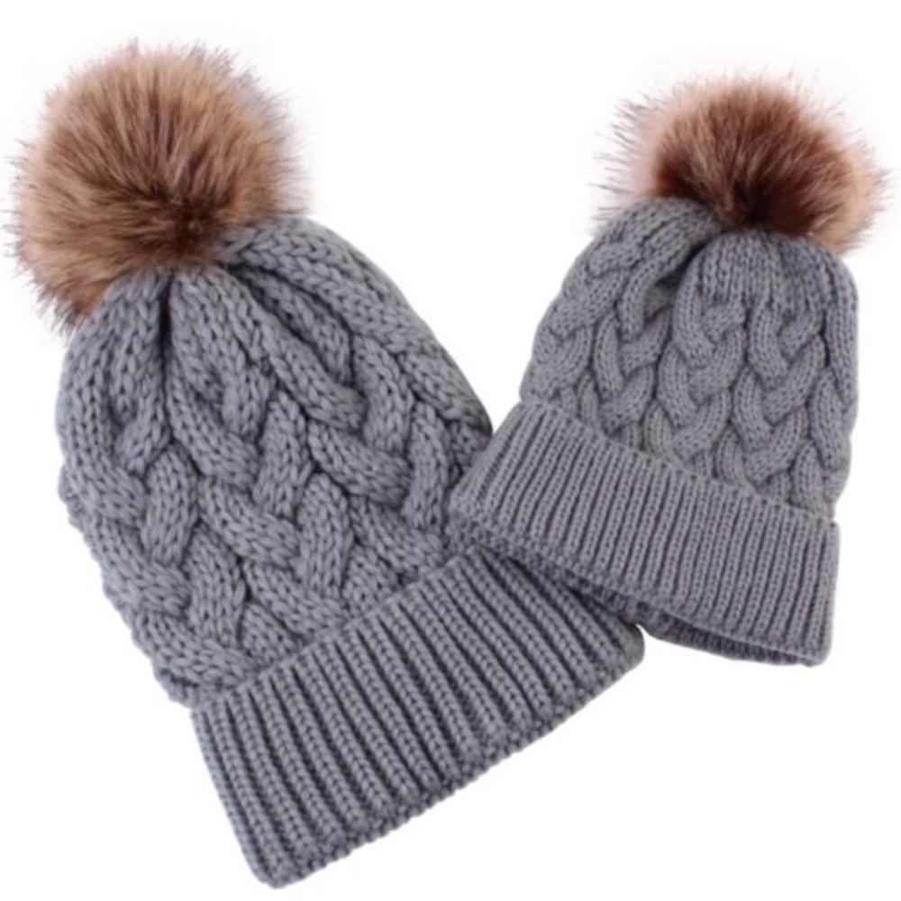 MOM & BABY Grey Crochet Cable Knit Pom Pom Beanie Winter Hat